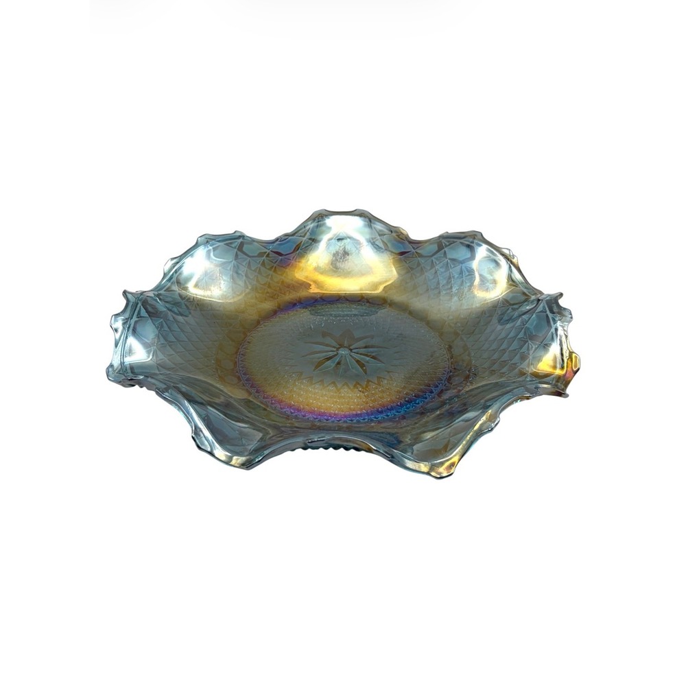 Vintage Blue Carnival Glass 10" Hostess Serving Plate Dish Hob Button Iridescent